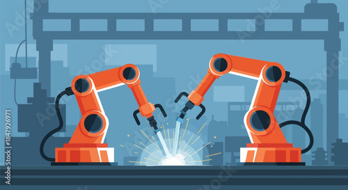 Robotic arms welding in a factory setting