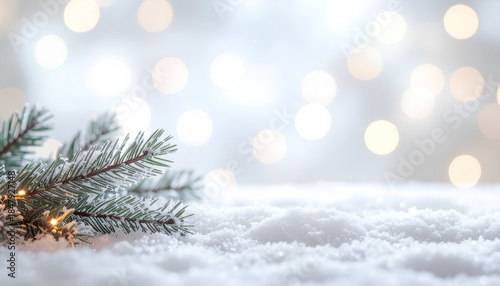 Snowy Christmas Tree Branch with Lights.