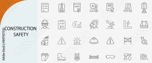 construction safety icons, minimal line vector symbol set