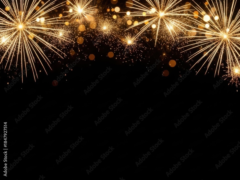 Fototapeta premium A dazzling display of golden fireworks bursting against a deep black sky, creating a vibrant upper border for celebration designs