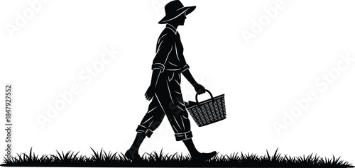 Woman farmer or gardener silhouette walking on a grassy patch, carrying a wicker basket for harvesting or gathering, vector illustration.