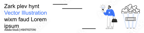 Brainstorming, creativity, media content ideas, business innovation, snack time, conceptual design. Person with a briefcase holding a lightbulb next to popcorn and text. Creativity and business