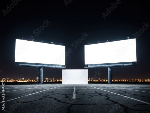 Empty billboards overlooking cityscape at night