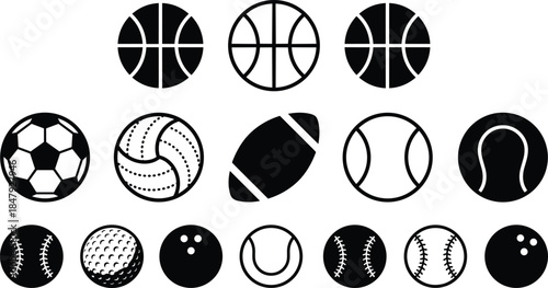Sports ball icons, black vector silhouettes, basketball, soccer, tennis, baseball, football, volleyball, golf, bowling graphic illustration