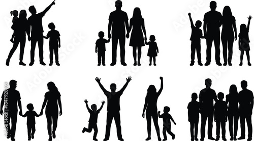 Family silhouette icons, black vector figures, diverse household groups, parent and child poses, unity graphics, social relationship illustration set
