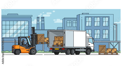 Forklift loading boxes into delivery truck at warehouse