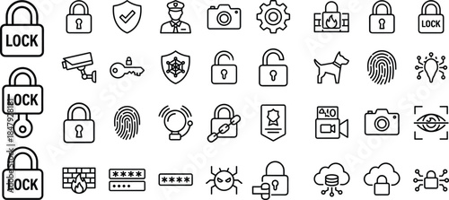 security, protection, privacy, icons, vector, lock, shield, surveillance, data, cyber, safety, firewall, password, network, camera