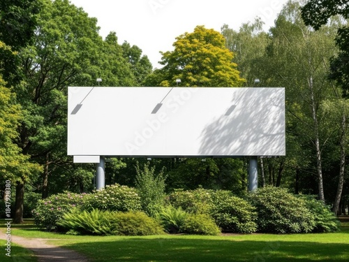 Large blank billboard in a lush green park