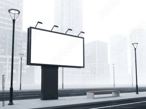 Urban billboard in foggy cityscape