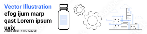 Innovation, industrial development, pharmaceutical industry, technical processes, futuristic cities, urban design. A bottle, gears and buildings. Innovation and industrial development through