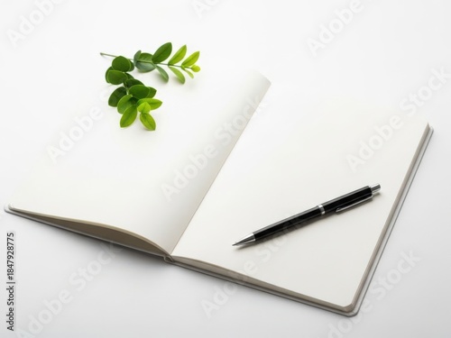 Open notebook with pen and leaves