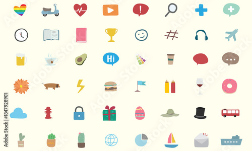  Includes symbols of daily activities, hobbies, wellness, fashion, travel, and modern living elements. Editable stroke. Vector illustration. Outline icons.