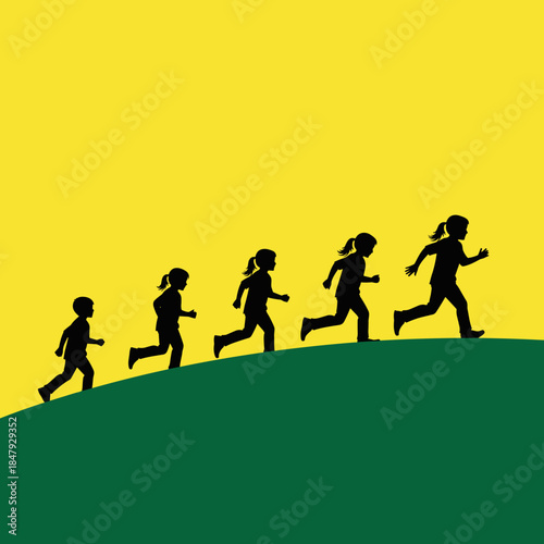 Progressive silhouettes of children running uphill on a green slope against a yellow background, symbolizing growth and development.