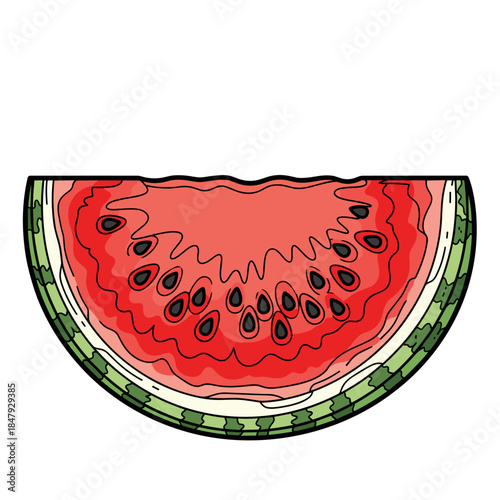 Bitten Watermelon Half Slice Illustration with Seeds and Green Rind, Fresh Summer Fruit Graphic