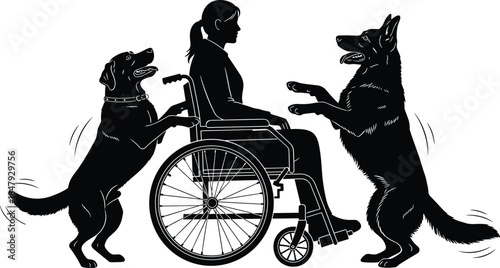 Woman in Wheelchair with Two Large Dogs Silhouette Vector Illustration, Female Figure with Labrador and German Shepherd as Service, Therapy, or Pet Animals.