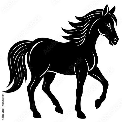 A wild black mustang stallion and running pony are depicted in this equine vector illustration featuring a horse silhouette drawing isolated on white for equestrian nature art and farm design