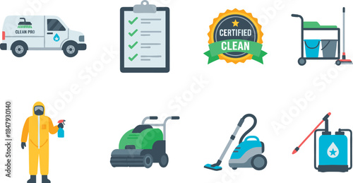 Professional cleaning services and equipment icons set