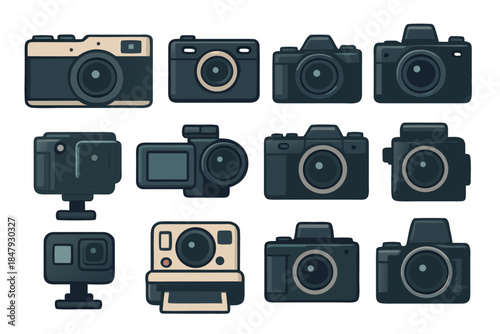 Photo camera with lens doodle set. Collection of various photo camera equipment for photographers work isolated on transparent background