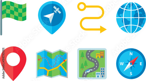 Navigation and geographic flat icons set
