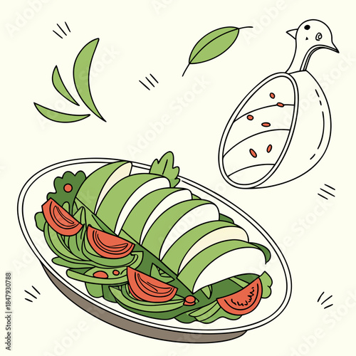 Cartoon salad on plate with sliced zucchini and tomatoes