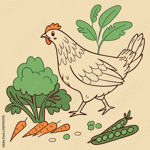 Cartoon chicken with vegetables farm agriculture