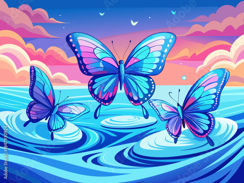 3 blue butterflies on clear water, dreamy pastel beauty. The waves on the shallow surface of the sea reflect light and sunlight. Bright pink and summer blue. They are flying.