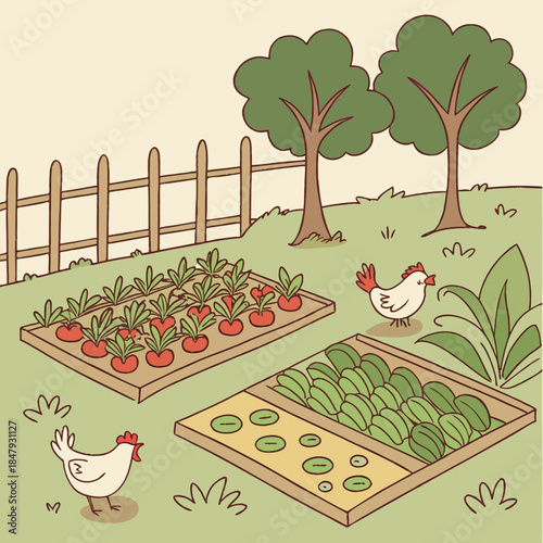 Cartoon garden with chickens and vegetable planters