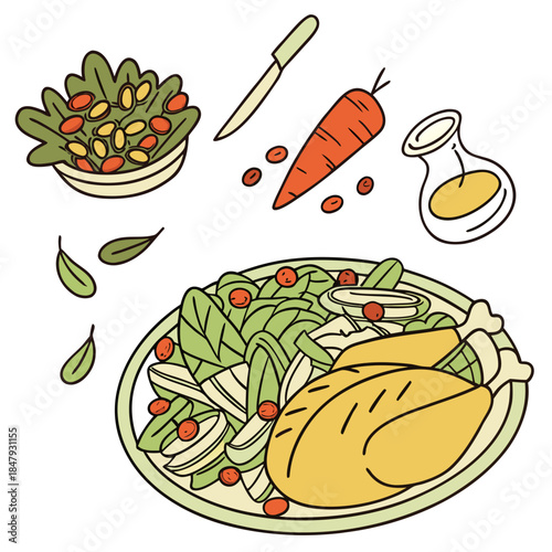 Cartoon salad with chicken and vegetables food