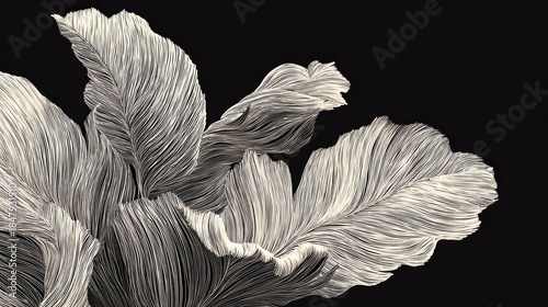 Black and white drawing of a leafy plant with a very thin stem. The drawing is very detailed