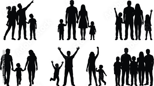 Family silhouette icons, black vector figures, diverse household groups, parent and child poses, unity and support graphics, relationship illustration set