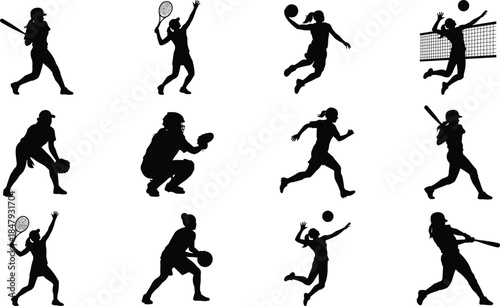 Female athlete silhouettes, black vector icons, sports action poses, tennis, basketball, running, volleyball, softball graphic illustration set