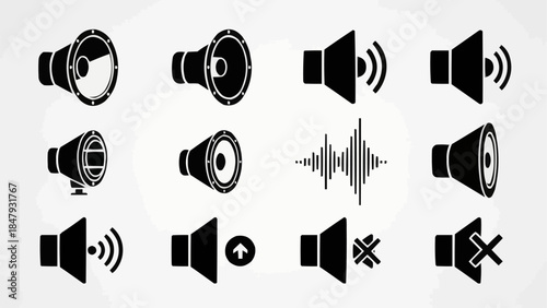 Collection of Black Speaker Icons and Sound Wave Graphics.