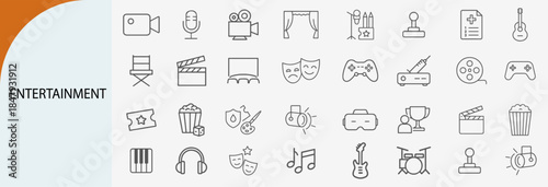 entertainment and media icons, minimal line vector symbol set