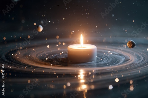 Burning candle surrounded by floating particles and orbits in zero gravity