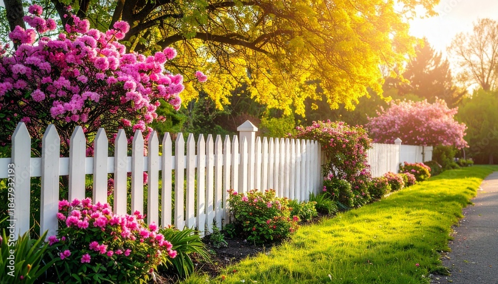 Fototapeta premium Spring garden with blooming flowers and white picket fence bathed in sunlight showcasing seasonal harmony and renewal