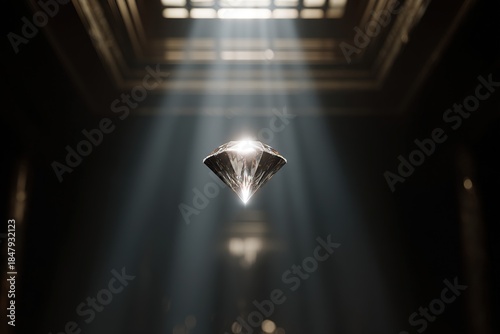 Radiant diamond suspended in a dark hall illuminated by soft light beams