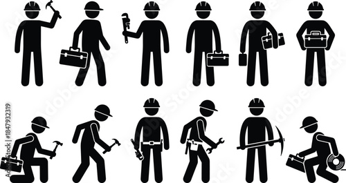 Construction worker silhouettes, black vector icons, manual labor poses, toolbox and tools, industrial safety gear, occupational illustration set