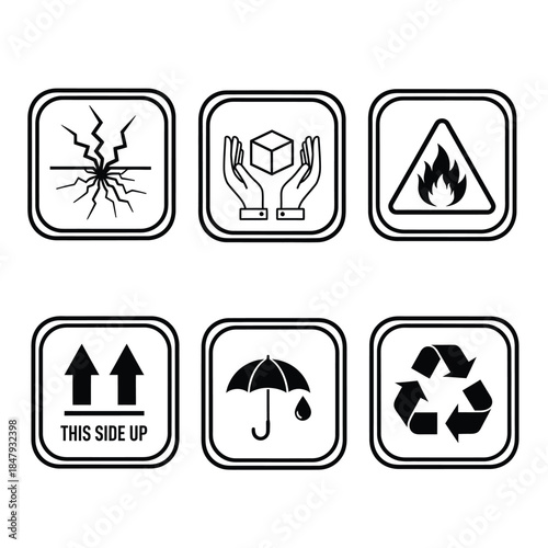 Handle with care icons for safe delivery of fragile package contents, including keep dry, flammable and recycle, ensuring secure logistics and shipping processes