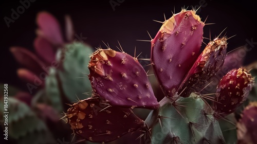 Close up of a purple cactus with brown spots. The cactus is surrounded by green leaves
