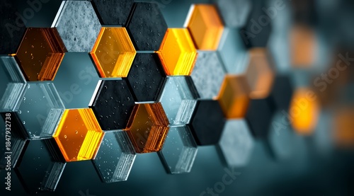 Fototapeta Naklejka Na Ścianę i Meble -  Colorful pattern of hexagons and squares. The colors are orange, black, and gray. The pattern is abstract