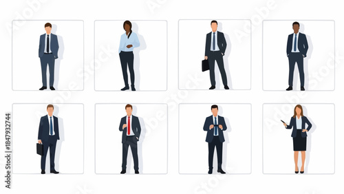 Diverse group of business professionals standing confidently in suits.