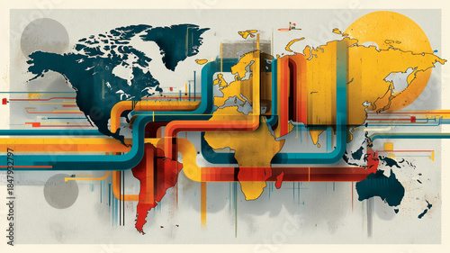 Global trade of oil depicted through vibrant abstract pathways and maps