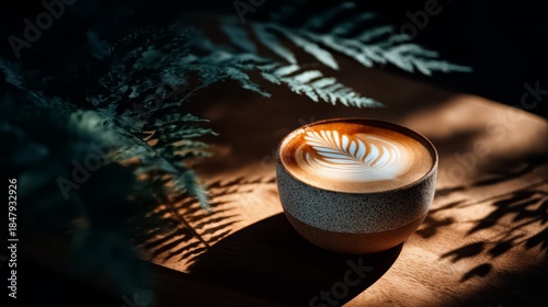 Cup of coffee with a leaf design on it sits on a wooden table. The coffee is hot. The scene is peaceful and relaxing