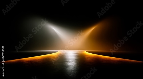 Dark room with a light shining on the floor. The light is orange and yellow. The room is empty