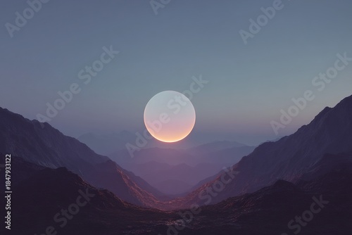 A glowing sphere resting between mountains at dusk