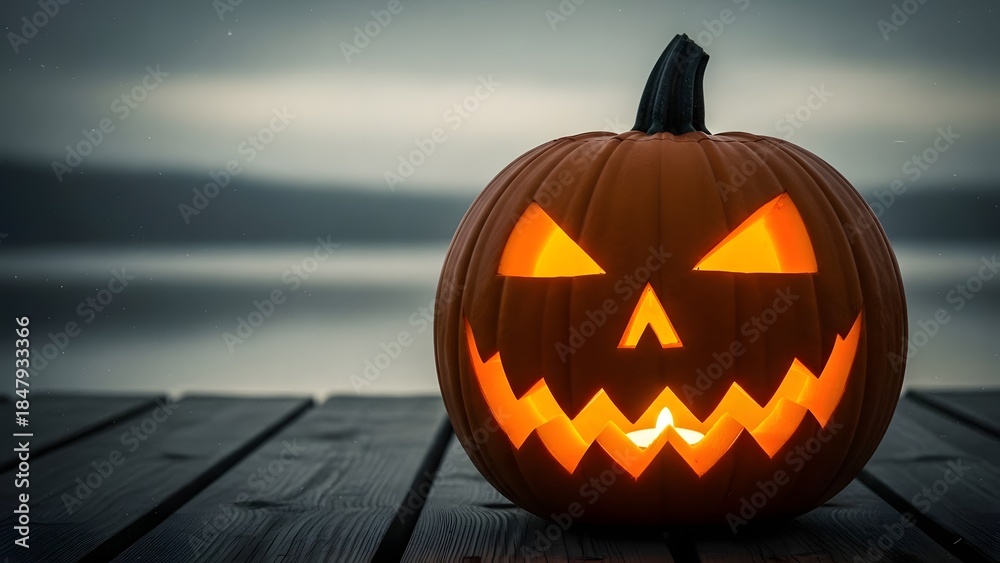 Fototapeta premium Glowing jack o lantern on a wooden deck at dusk