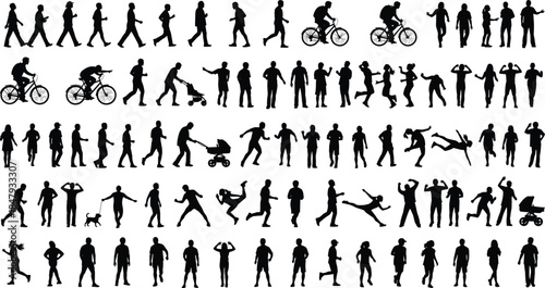 Ultimate mega collection of diverse human silhouettes, vector icons of business, families, fashion, life stages, sport, cycling, running, and all active life figures.