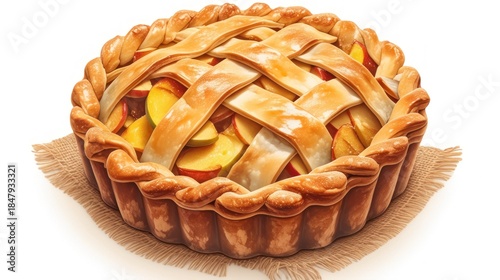 Delicious apple pie with lattice crust on burlap