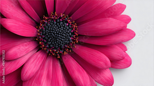 A vibrant close-up of a pink flower, showcasing intricate details. The petals radiate outwards, revealing a dark center