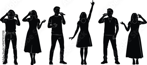 Black Silhouette of Six Young Singers and Performers on Stage, Vector Illustration for Music, Concerts, Karaoke, Entertainment, and Audience Excitement